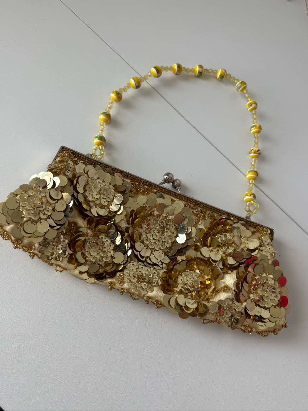 Y2K Gold Sequin Flower Handbag with Beaded Strap, Evening Party Bag